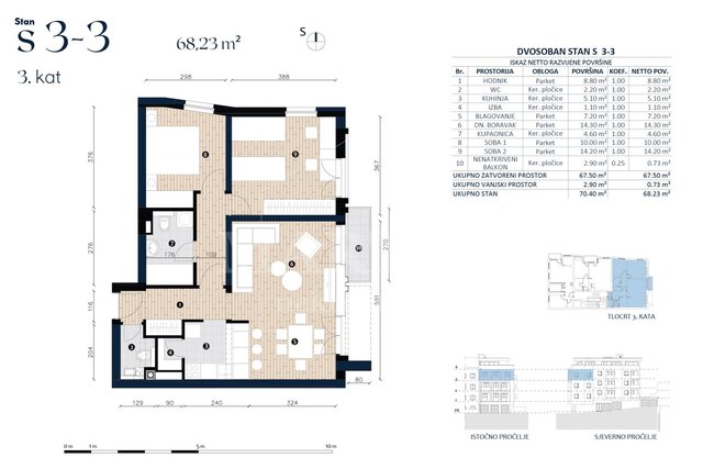 Fraterščica, 3sobe, 68.23m2, balkon, 3 kat, lift